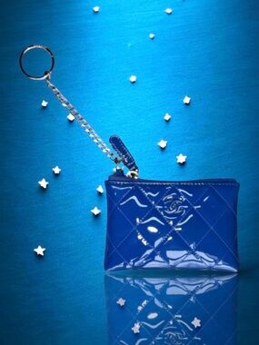 💗CHANEL Blue Patent Leather Tonal CC Logo Card Wallet O-Ring Key Holder SilverHW